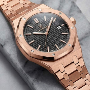 Relógio masculino Poedagar Deluxe Octagon Rosé Black em aço inoxidável, mostrador preto — detalhe do design