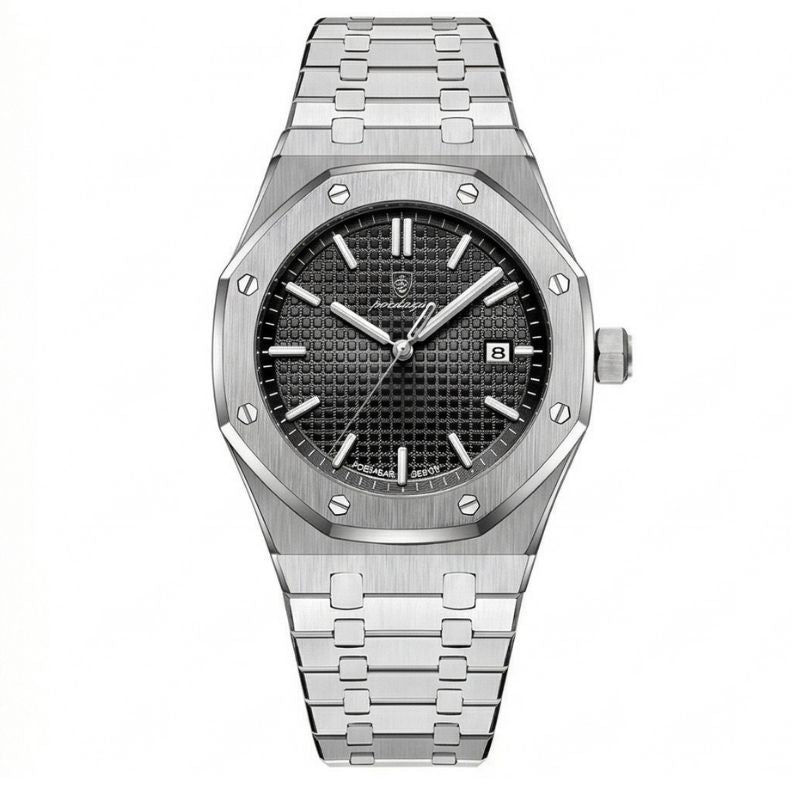 Relógio masculino Poedagar Deluxe Octagon Silver Black em aço inoxidável, mostrador preto