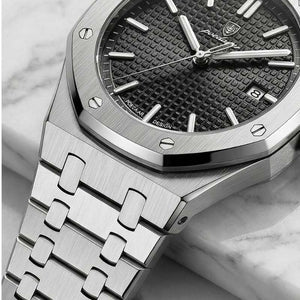 Relógio masculino Poedagar Deluxe Octagon Silver Black em aço inoxidável, mostrador preto — vista do conjunto