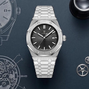 Relógio masculino Poedagar Deluxe Octagon Silver Black em aço inoxidável, mostrador preto — detalhe do design