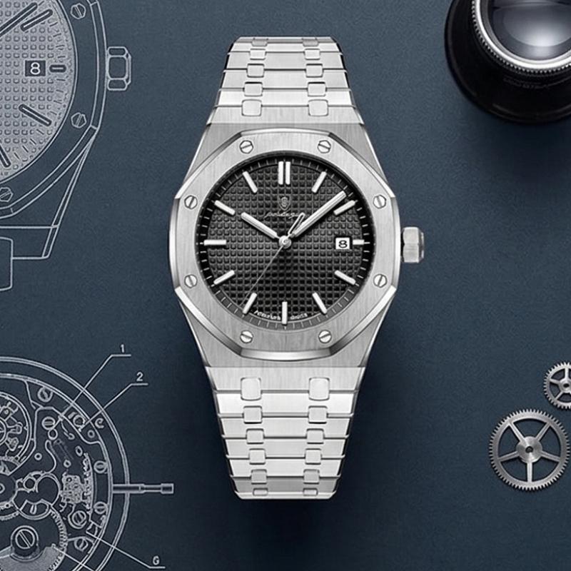 Relógio masculino Poedagar Deluxe Octagon Silver Black em aço inoxidável, mostrador preto — detalhe do design