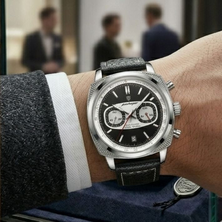 Relógio masculino Poedagar Dominium Chrono Silver Black em couro, mostrador preto — detalhe do acabamento