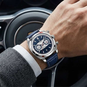 Relógio masculino Poedagar Dominium Chrono Silver Blue em couro, mostrador azul — vista detalhada