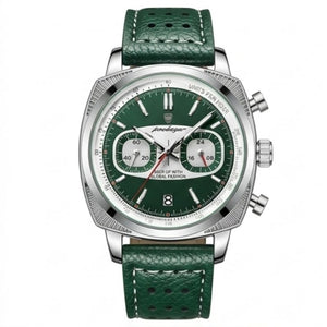 Relógio masculino Poedagar Dominium Chrono Silver Green em couro, mostrador verde