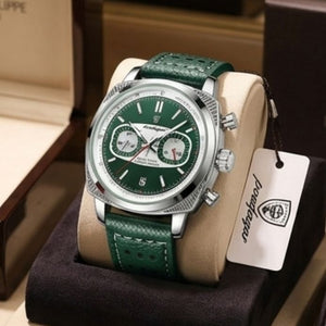 Relógio masculino Poedagar Dominium Chrono Silver Green em couro, mostrador verde — outro ângulo