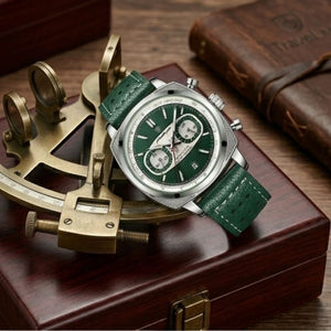 Relógio masculino Poedagar Dominium Chrono Silver Green em couro, mostrador verde — detalhe do acabamento