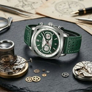 Relógio masculino Poedagar Dominium Chrono Silver Green em couro, mostrador verde — detalhe do design