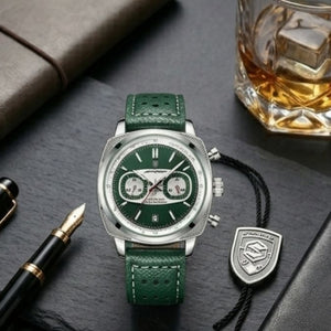 Relógio masculino Poedagar Dominium Chrono Silver Green em couro, mostrador verde — imagem complementar