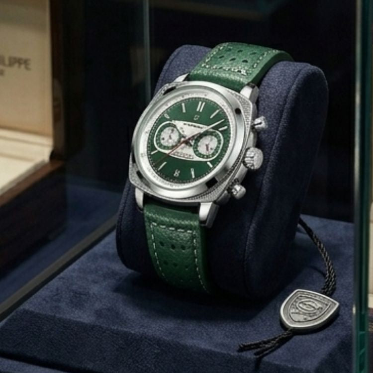 Relógio masculino Poedagar Dominium Chrono Silver Green em couro, mostrador verde — vista frontal