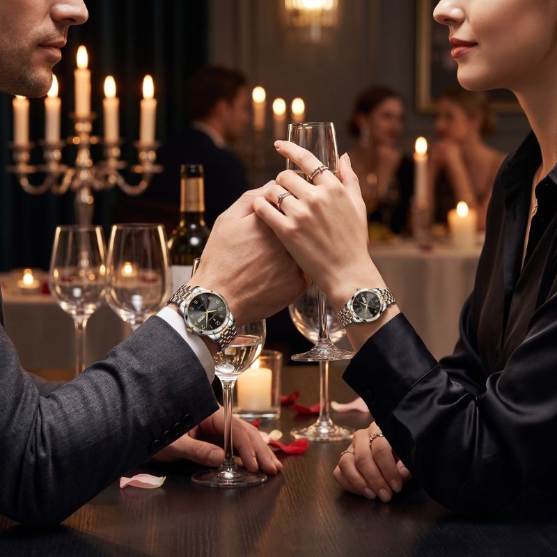 Relógios Poedagar Dual Essence Gold Black combinando para casal — acabamento em aço