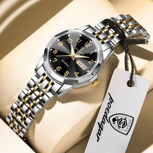Relógio feminino Poedagar Dual Essence Gold Black, conjunto para casal — detalhe em aço