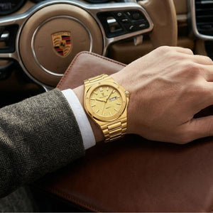 Relógio masculino Poedagar Majesty Gold em aço inoxidável, mostrador dourado — vista detalhada