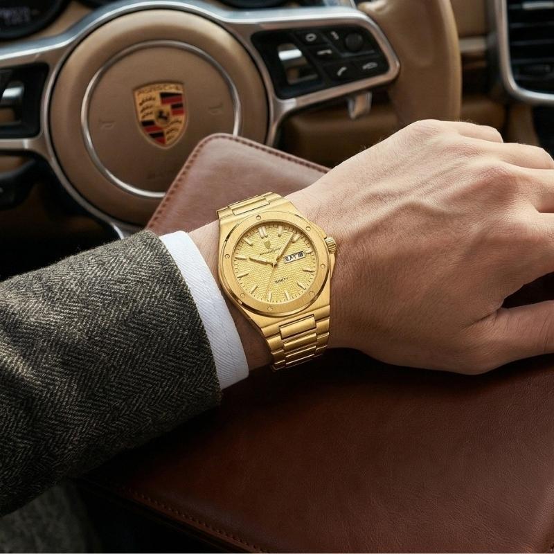 Relógio masculino Poedagar Majesty Gold em aço inoxidável, mostrador dourado — vista detalhada