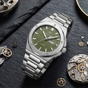 Relógio masculino Poedagar Majesty Silver Green em aço inoxidável, mostrador verde — outro ângulo