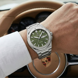 Relógio masculino Poedagar Majesty Silver Green em aço inoxidável, mostrador verde — vista detalhada