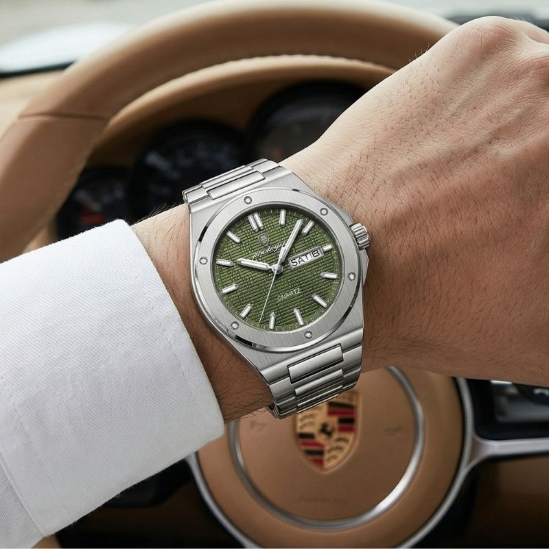 Relógio masculino Poedagar Majesty Silver Green em aço inoxidável, mostrador verde — vista detalhada