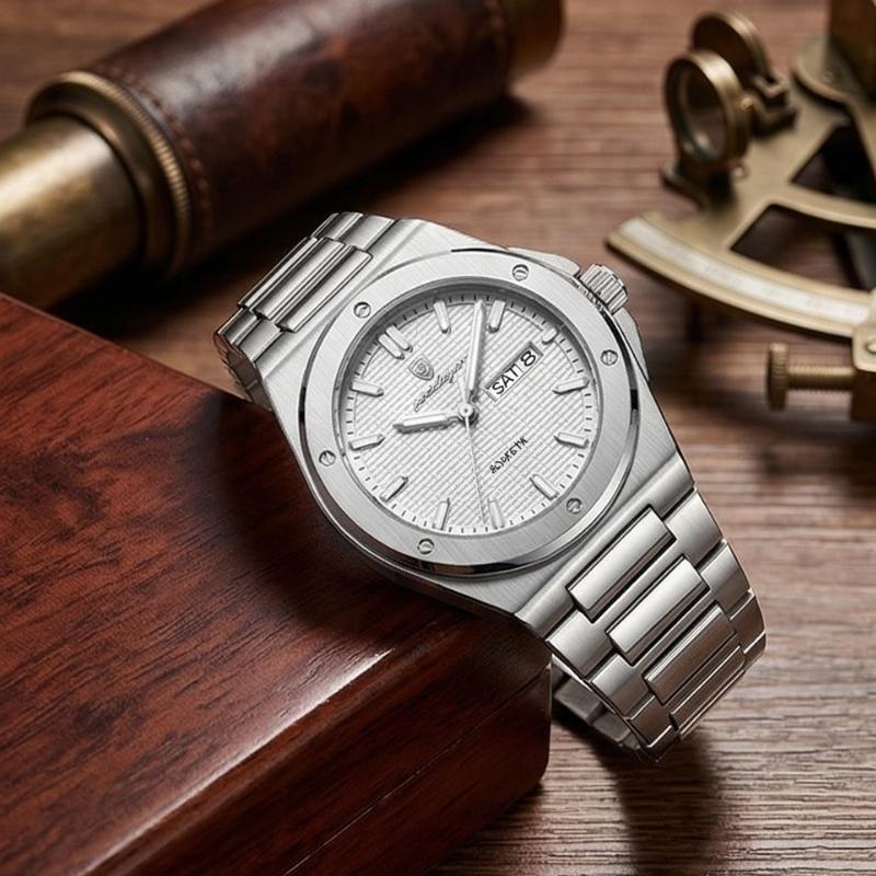 Relógio masculino Poedagar Majesty Silver White em aço inoxidável, mostrador branco — detalhe do acabamento
