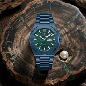 Relógio masculino Poedagar Majesty Total Blue em aço inoxidável, mostrador azul — detalhe do acabamento