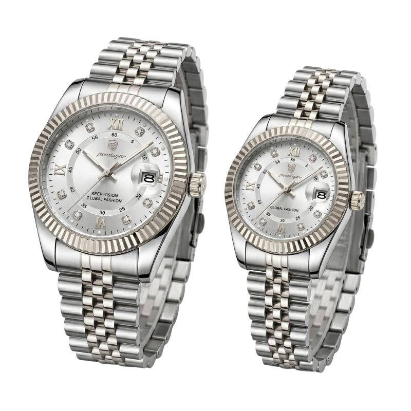 Relógio masculino Poedagar Royal Duo Silver White em aço inoxidável, mostrador branco