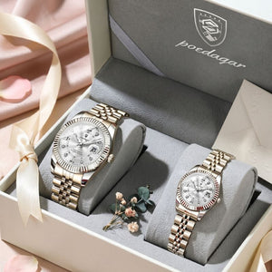 Relógios Poedagar Royal Duo Silver White para casal — pulseira em aço, ideal para presente