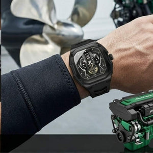 Relógio masculino Poedagar Velocity Black em silicone, mostrador preto — detalhe do acabamento
