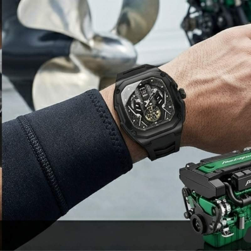 Relógio masculino Poedagar Velocity Black em silicone, mostrador preto — detalhe do acabamento