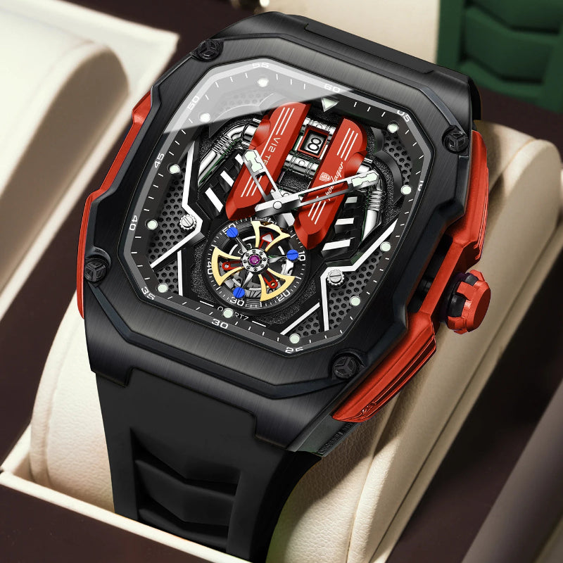 Relógio masculino Poedagar Velocity Black Red em silicone, mostrador vermelho — outro ângulo