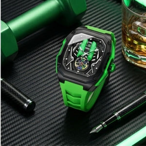 Relógio masculino Poedagar Velocity Green em silicone, mostrador verde — outro ângulo