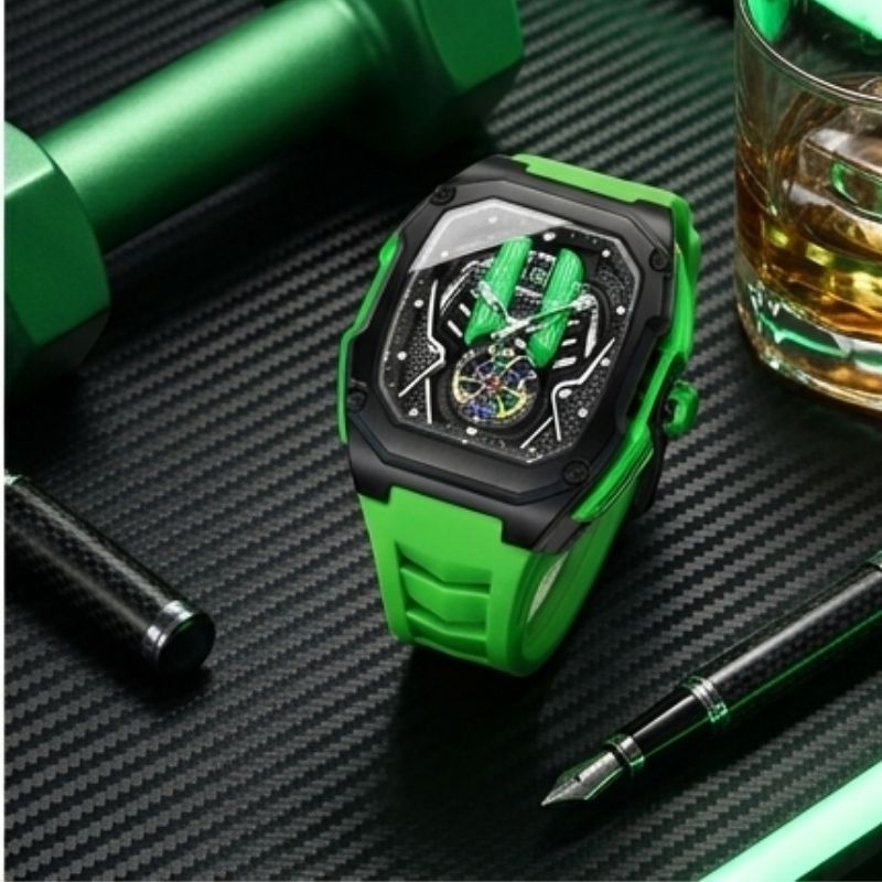 Relógio masculino Poedagar Velocity Green em silicone, mostrador verde — outro ângulo