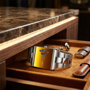 Relógio masculino Poedagar Mirror Silver Orange em aço inoxidável, mostrador laranja — vista detalhada
