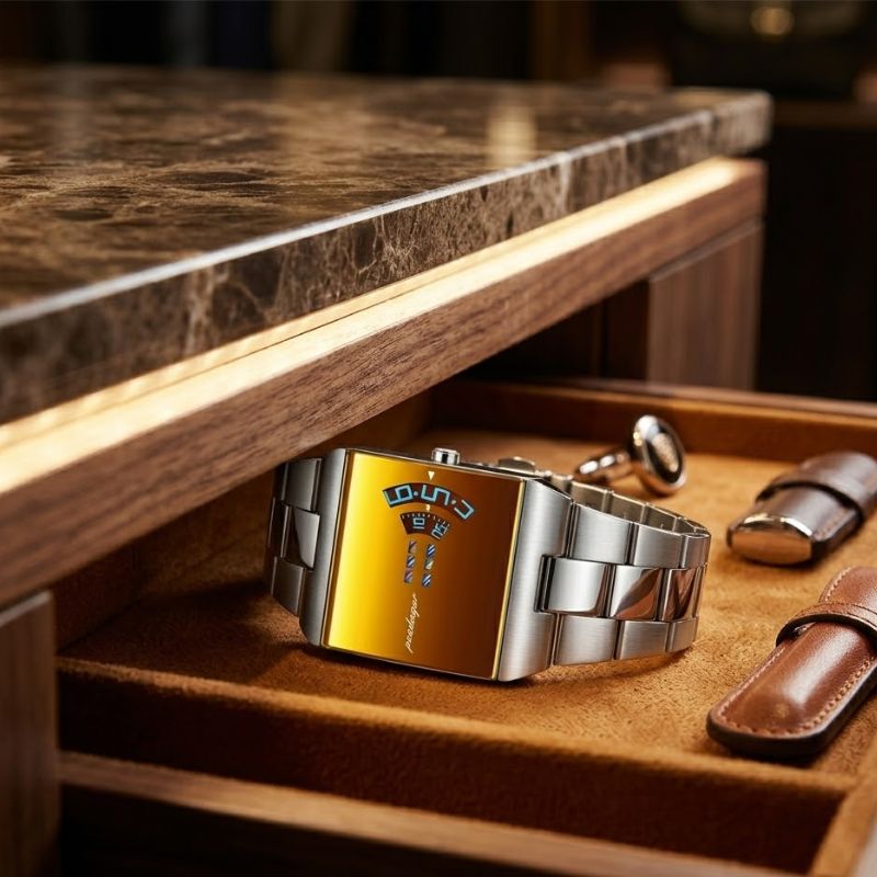 Relógio masculino Poedagar Mirror Silver Orange em aço inoxidável, mostrador laranja — vista detalhada