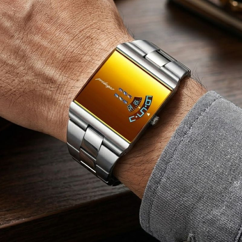 Relógio masculino Poedagar Mirror Silver Orange em aço inoxidável, mostrador laranja — outro ângulo